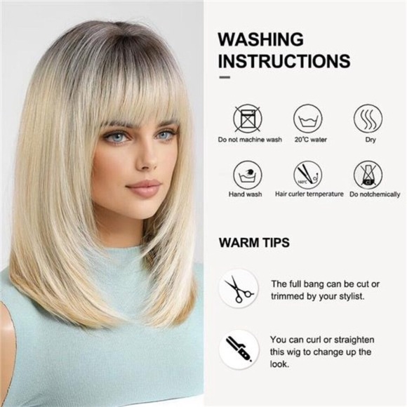 Ombre Blonde Bob Wig With Bangs Short Straight Wig For Women Synthetic Hair